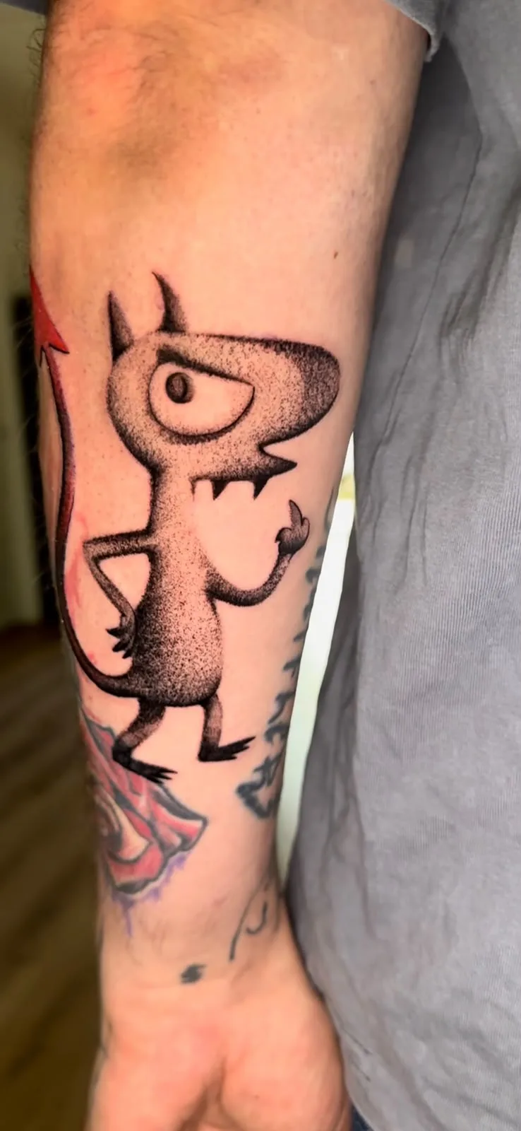 One-Eyed Cartoon Devil in Dot Work Shading, by TattooBas1