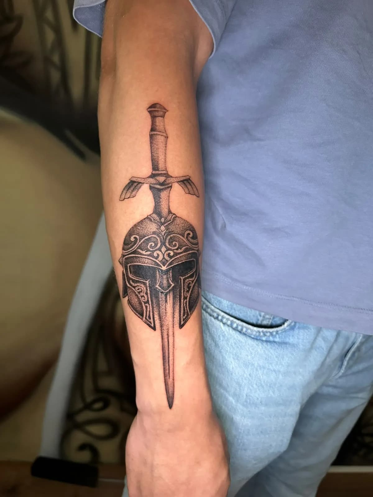 Spartan Helmet and Sword in Black and Grey, by TattooBas1