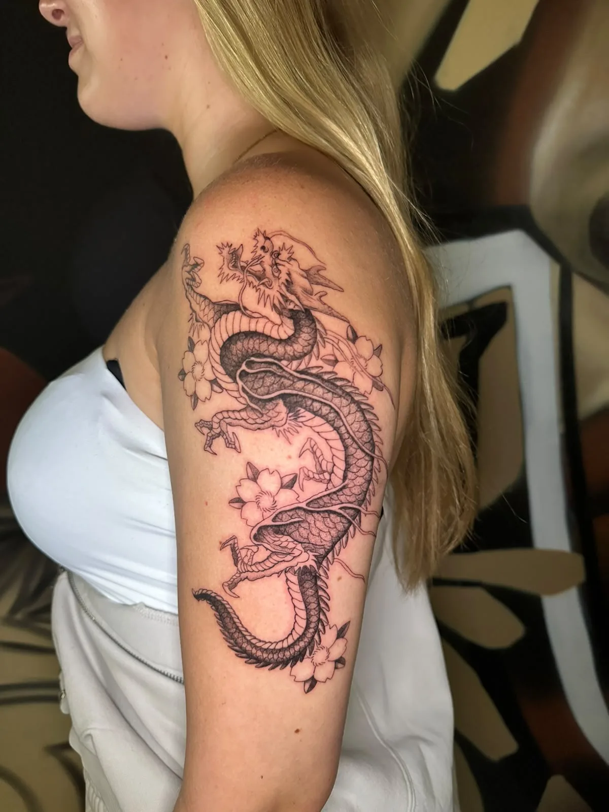 Black and Grey Asian Dragon with Blossoms, by TattooBas1