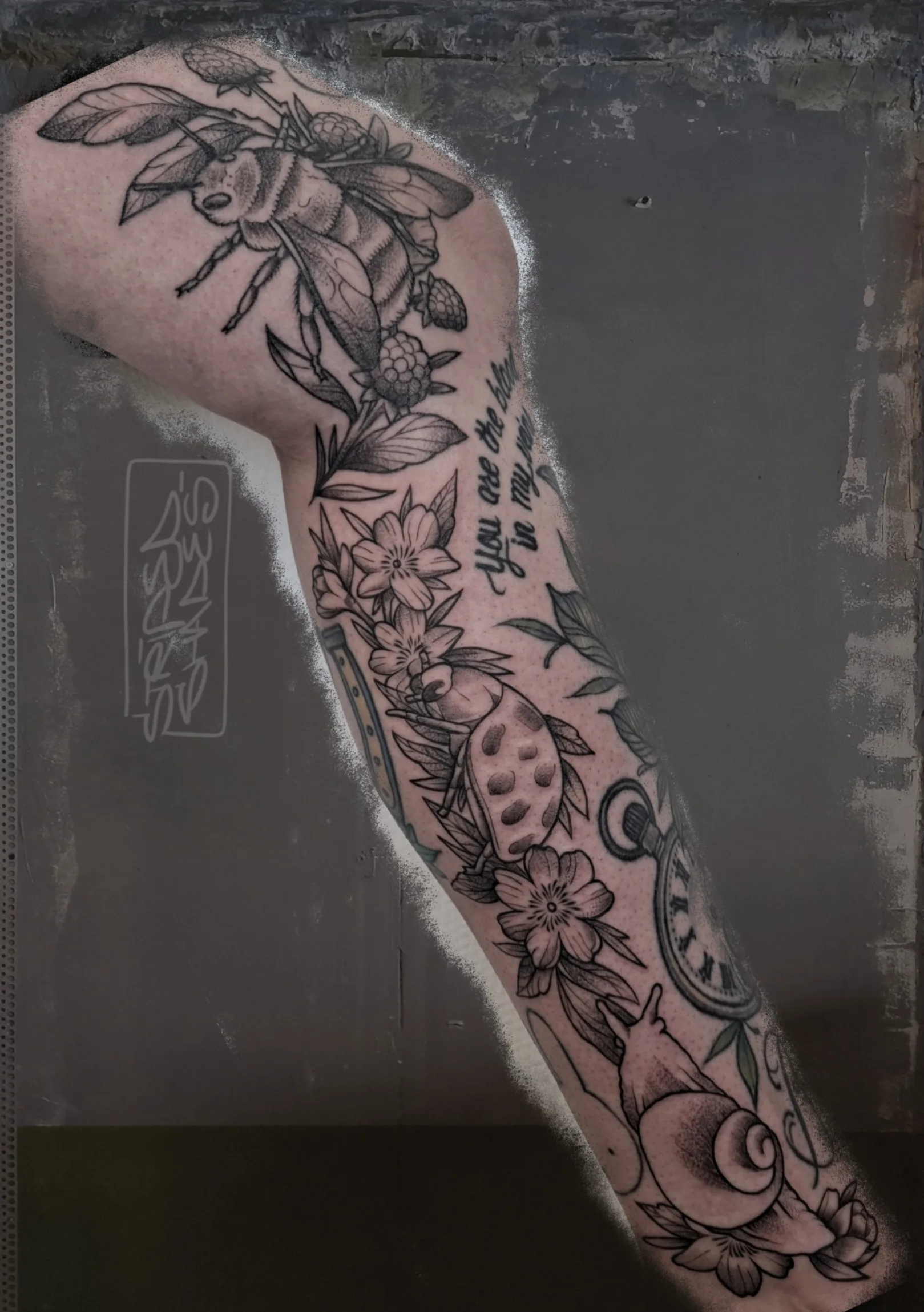 Black and Grey Moth, Blooms and Pocket Watch Sleeve, by striped_shades
