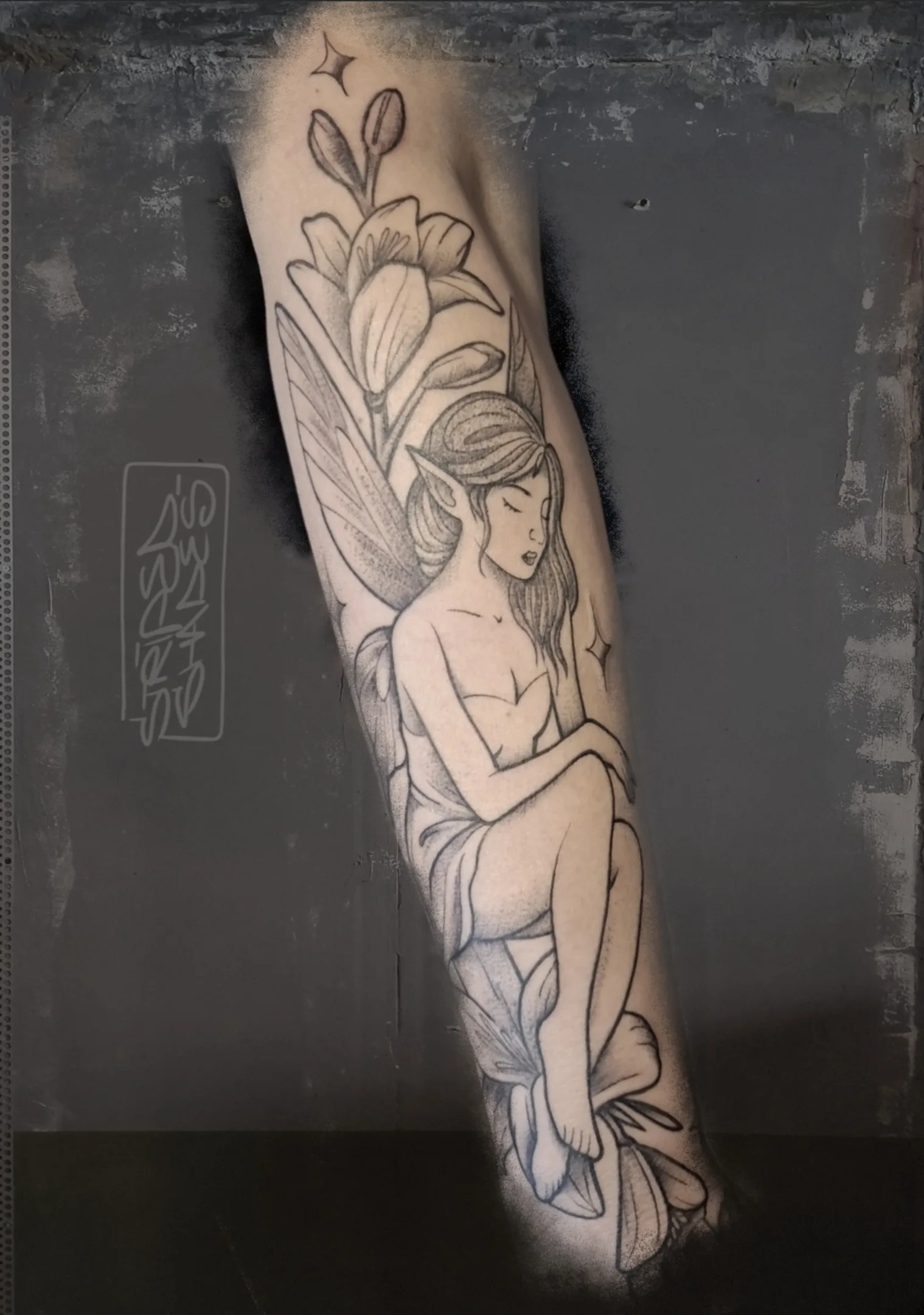 Fine Line Fairy with Lilies Black and Grey Tattoo, by striped_shades
