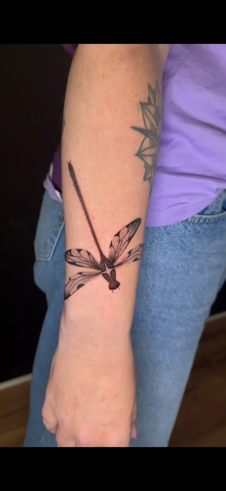 Dragonfly with Needle Body in Black and Grey, by TattooBas1