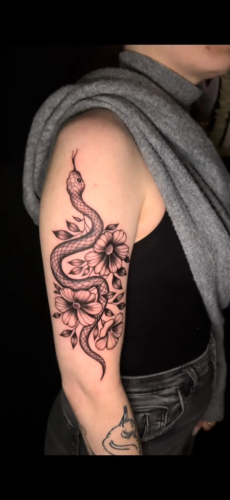 Black and Grey Snake and Flower Tattoo, by TattooBas1
