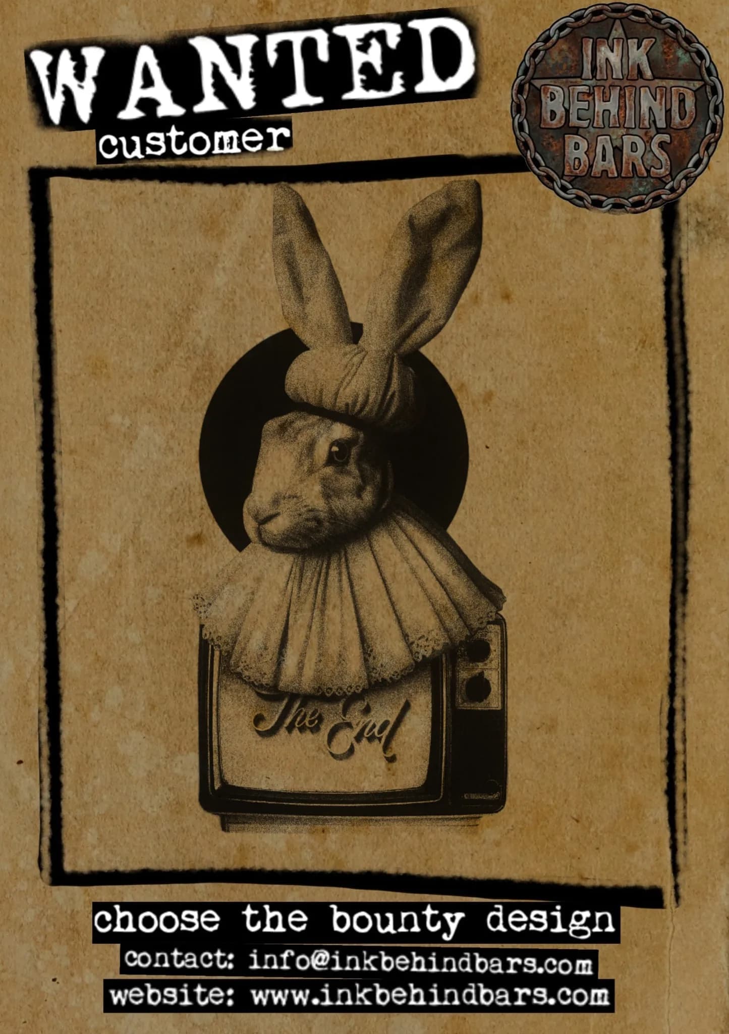 Rabbit in Lace Collar on Vintage TV, Black and Grey, by TattooBas1