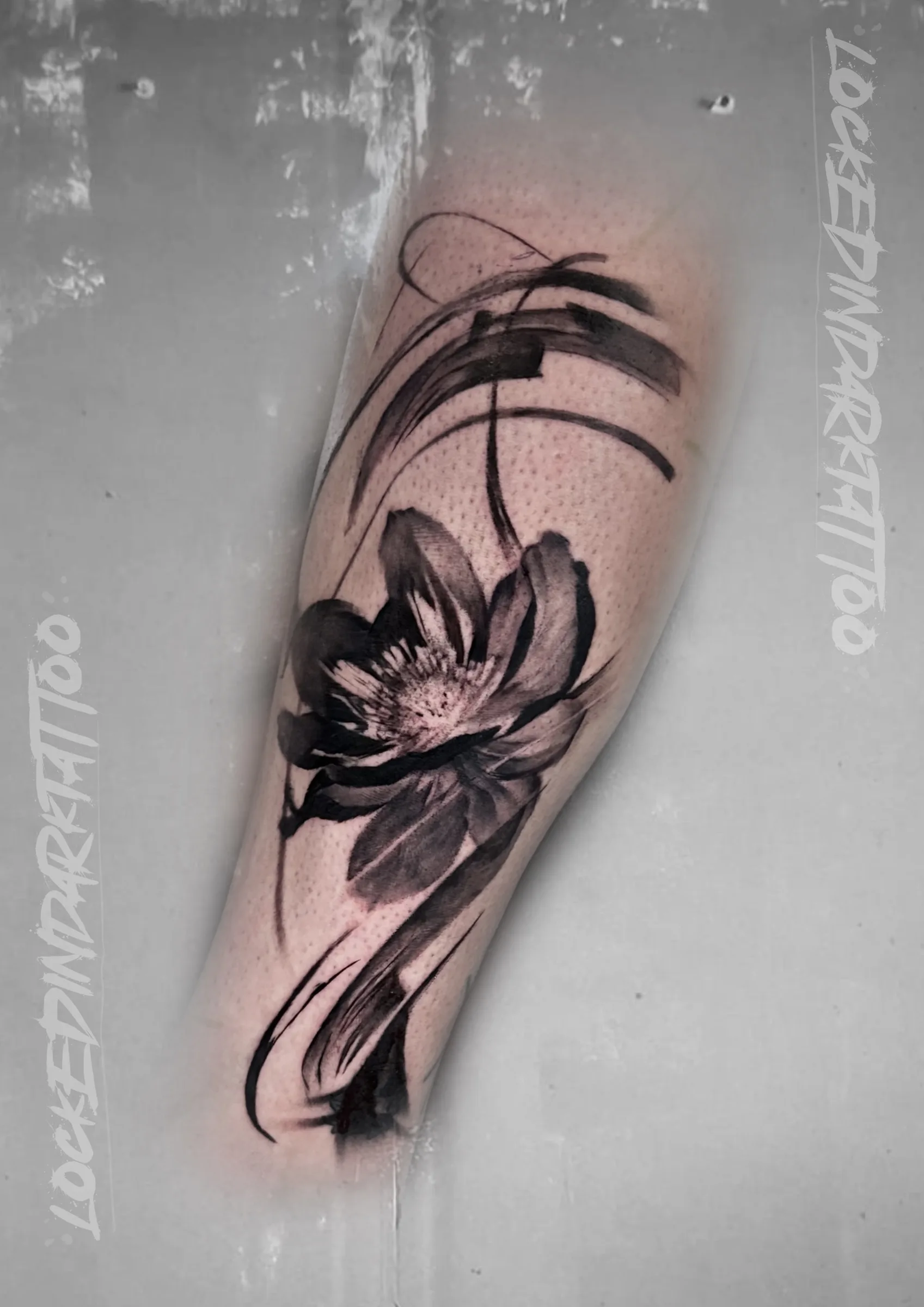 Black and Grey Botanical Flower with Abstract Brushstrokes, by lockedindarktattoo