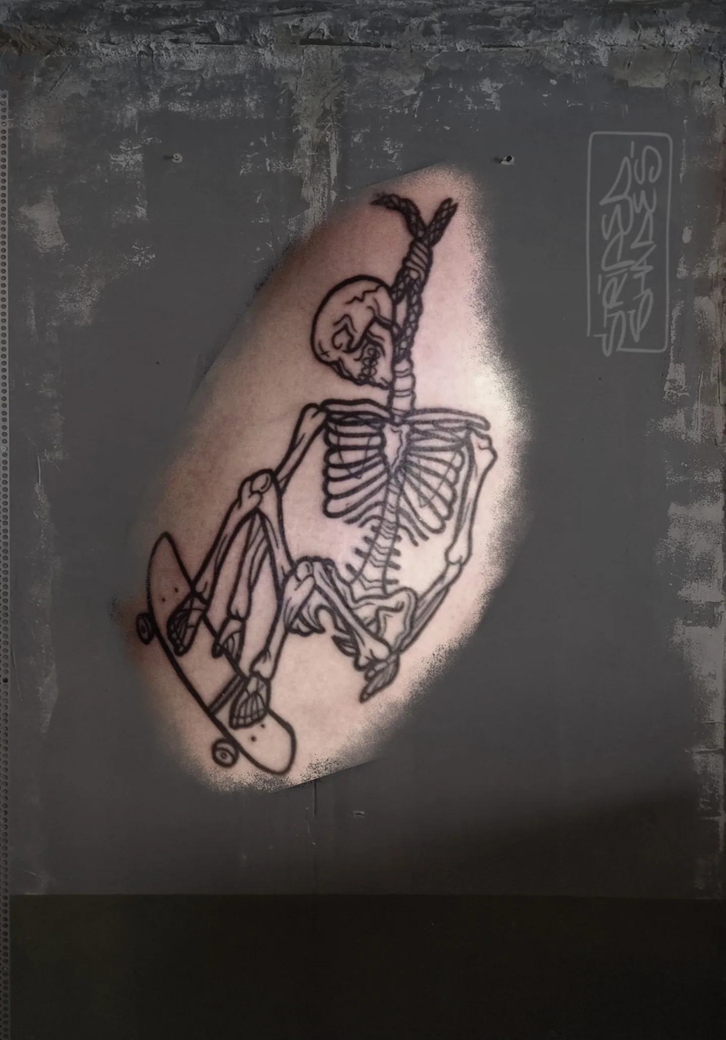 Skeleton Holding Skateboard Black Outline Tattoo, by striped_shades