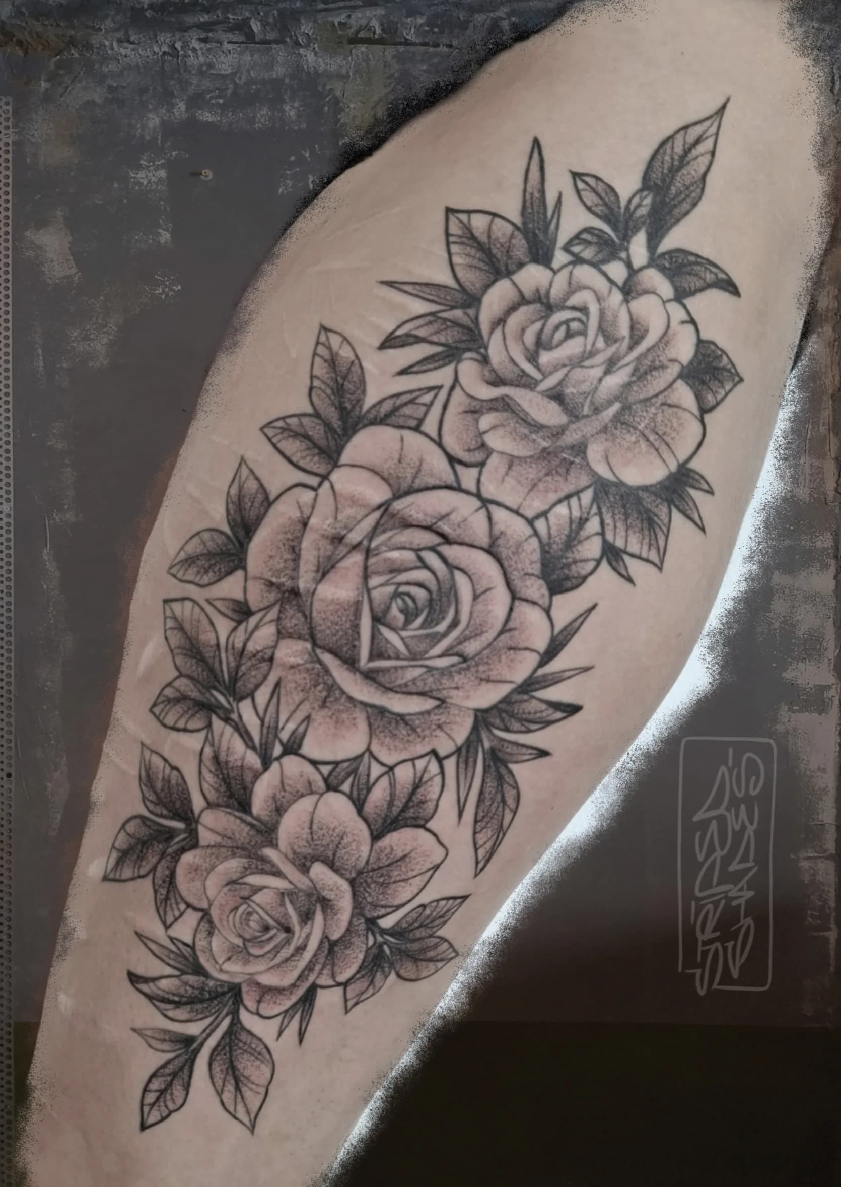 Three Roses Floral Tattoo in Black and Grey, by striped_shades