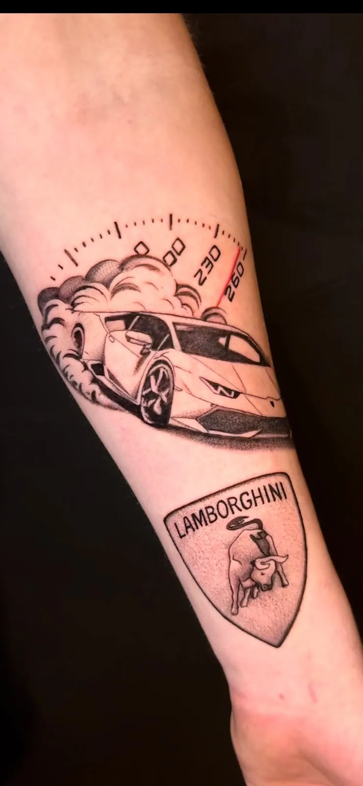 Lamborghini Drift and Shield Tattoo, by TattooBas1