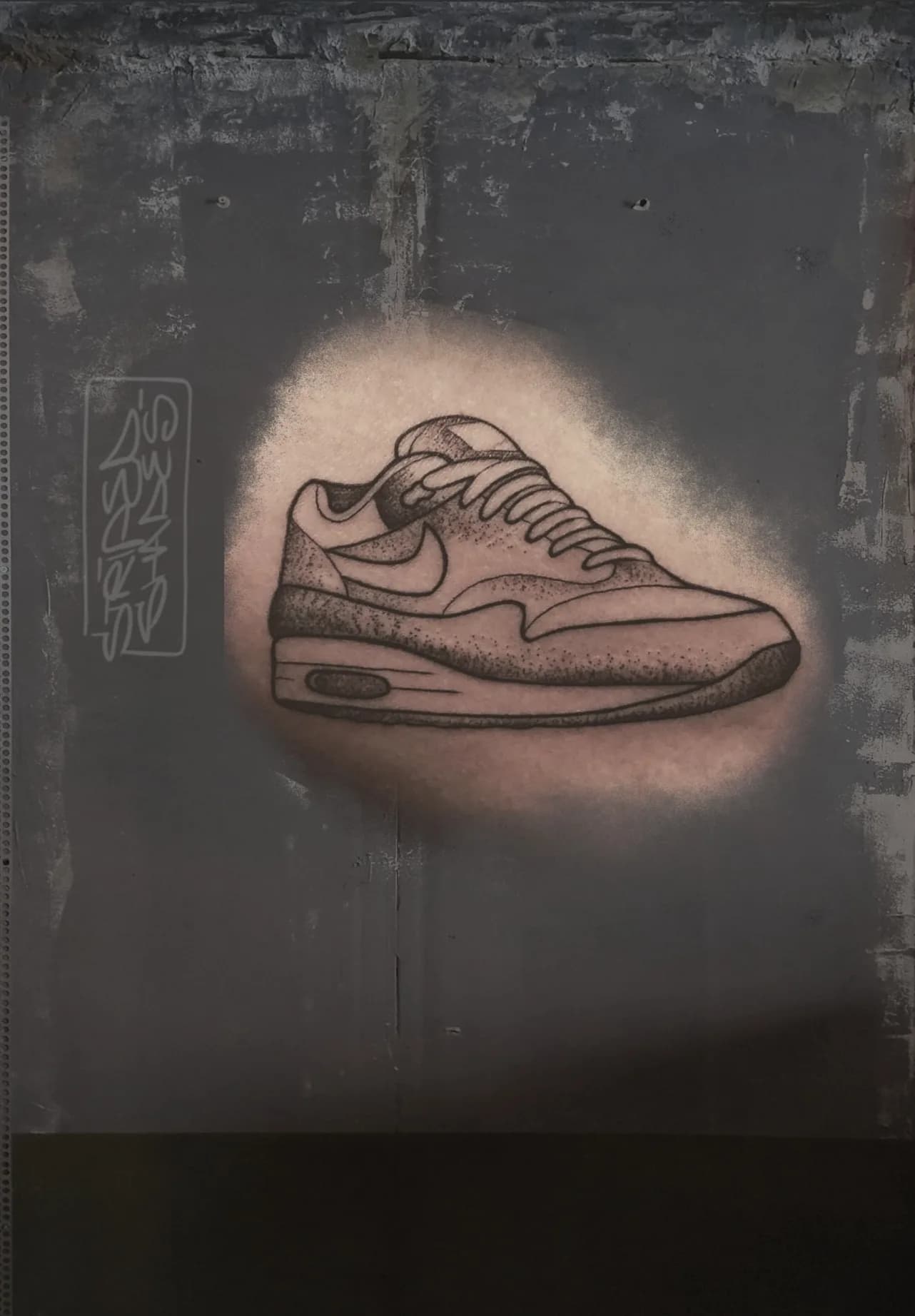 Sneaker Tattoo in Black and Grey Dot Work, by striped_shades