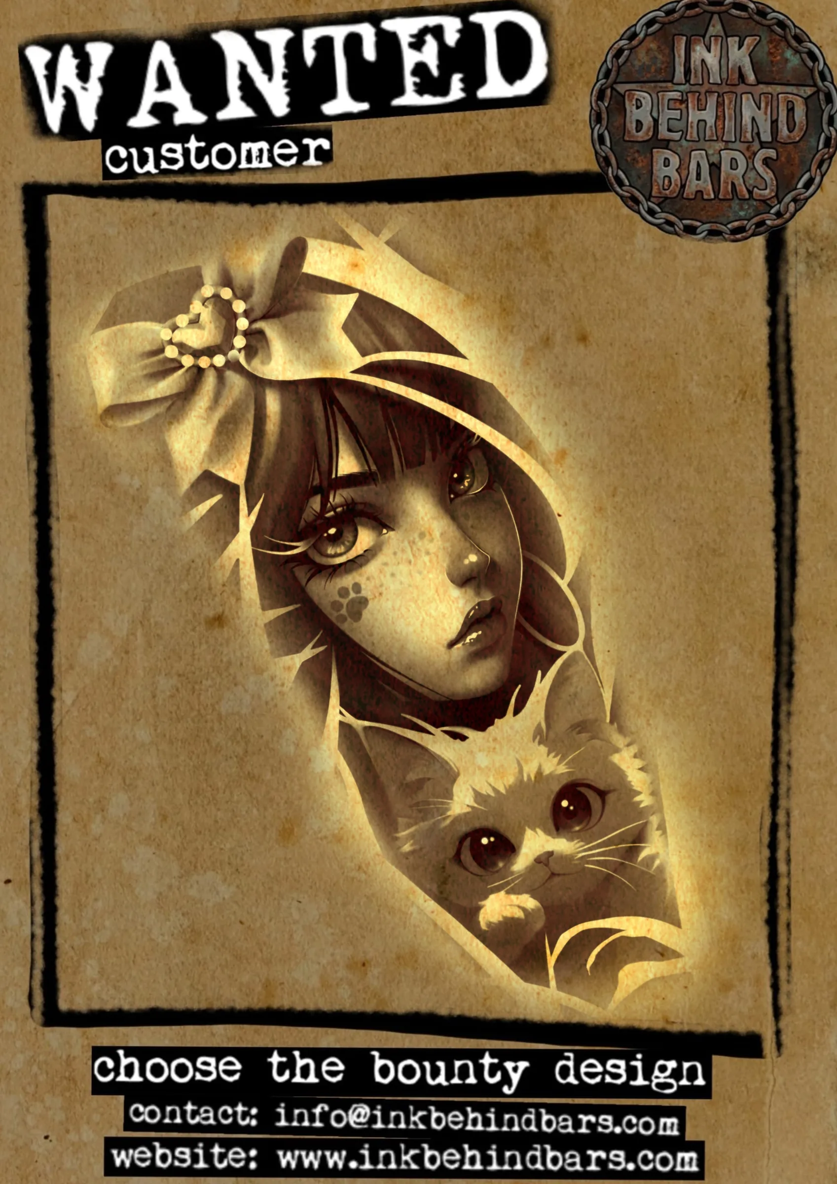 Girl with Bow and Kitten, Black and Grey Design, by lockedindarktattoo