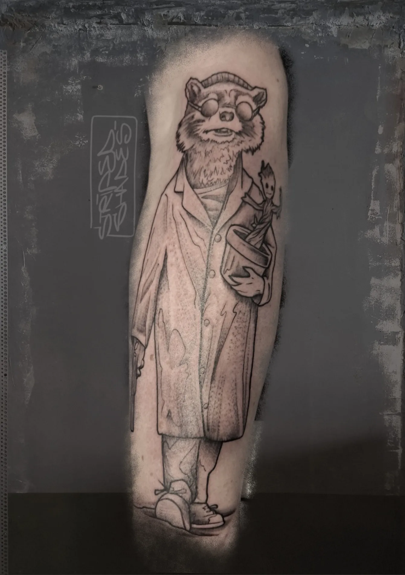 Raccoon in Coat with Groot Black and Grey, by striped_shades
