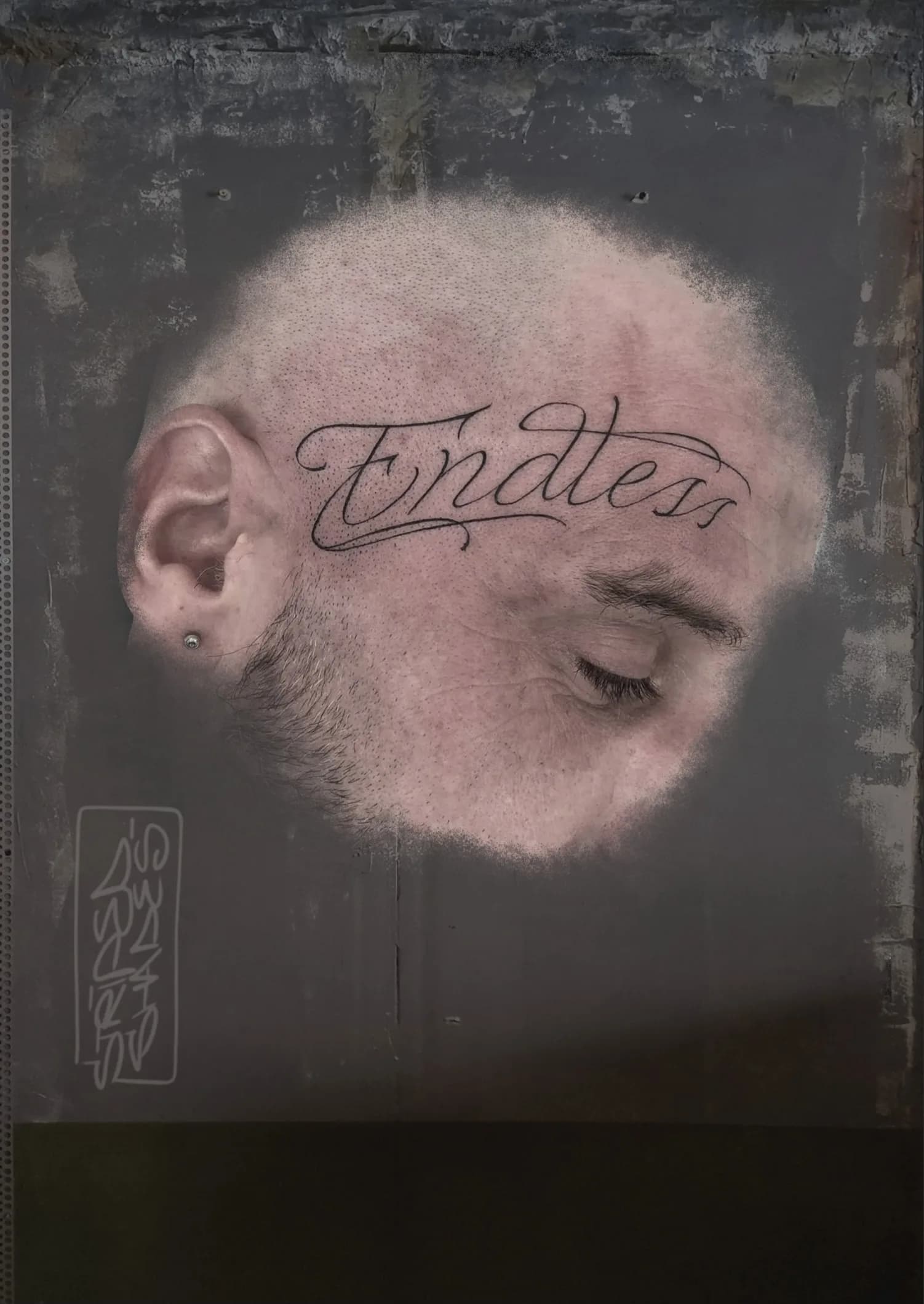 Endless Script Lettering Tattoo on Temple, by striped_shades