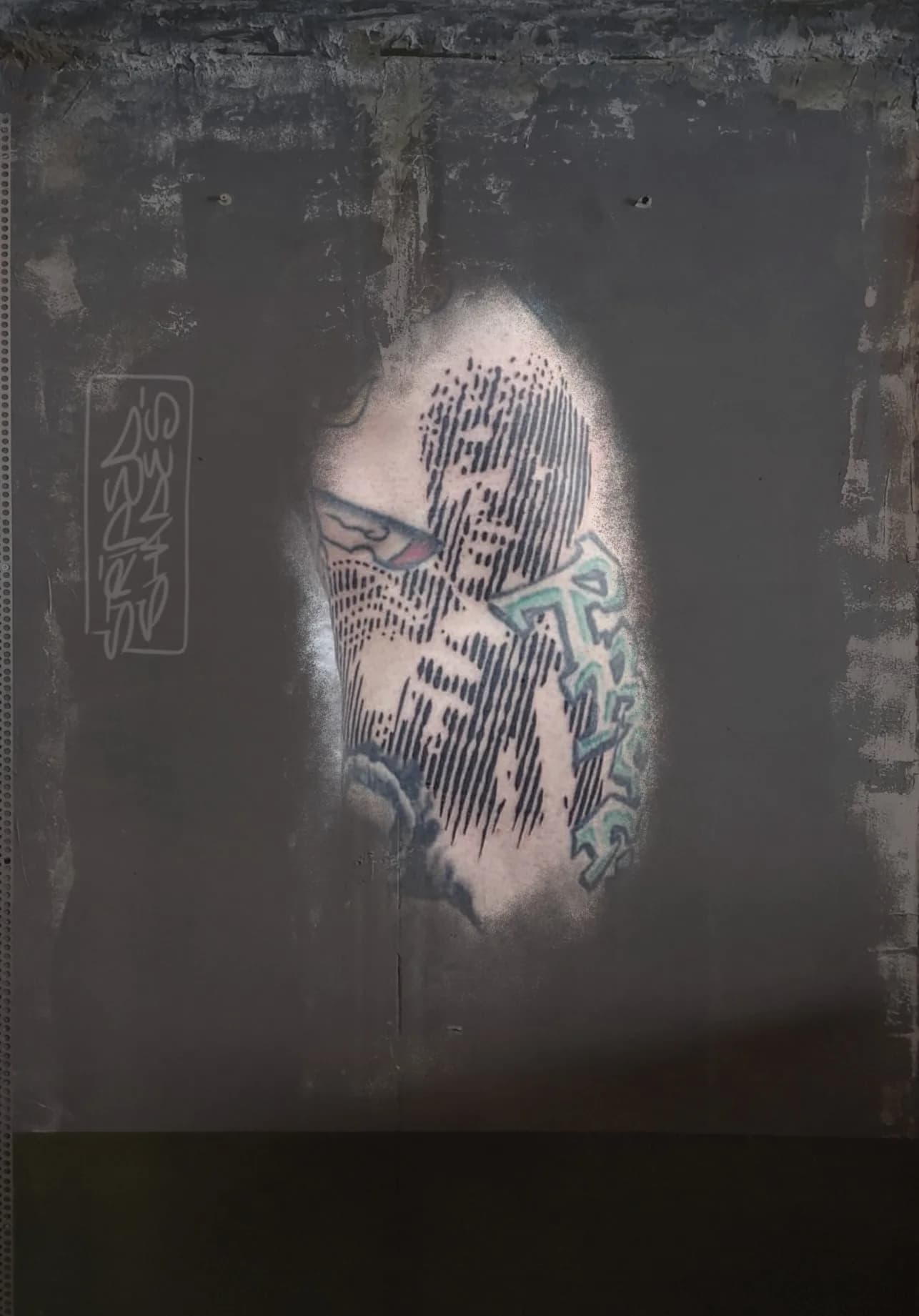 Masked Figure with Graffiti Lettering Tattoo, by striped_shades