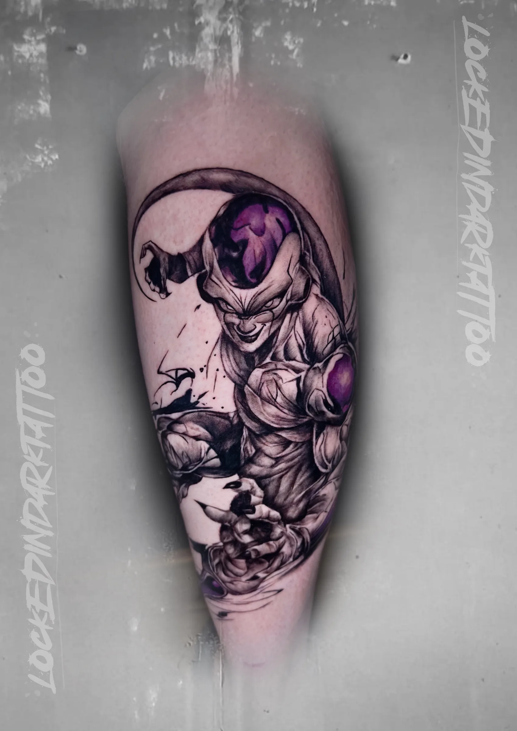 Frieza Dragon Ball Tattoo in Black and Grey, by lockedindarktattoo