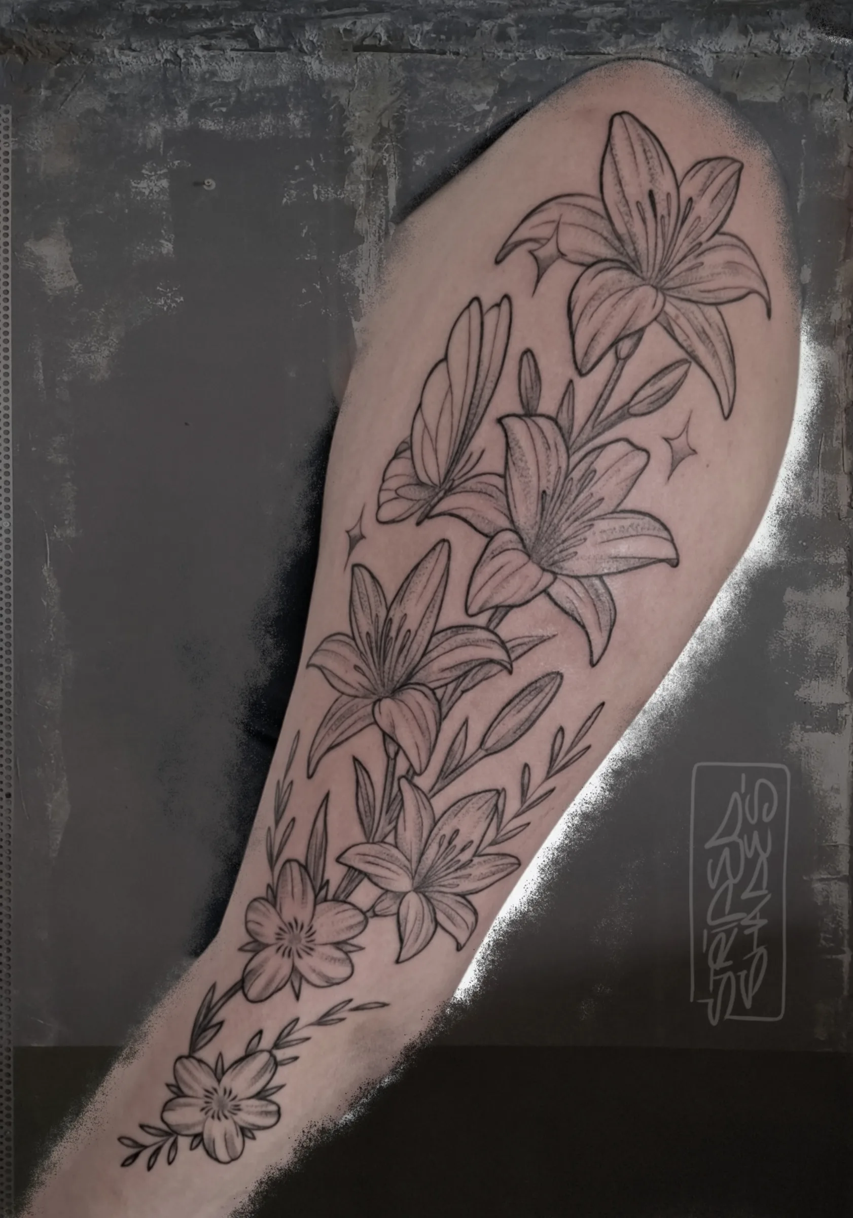 Lily and Blossom Floral Fine Line Tattoo, by striped_shades