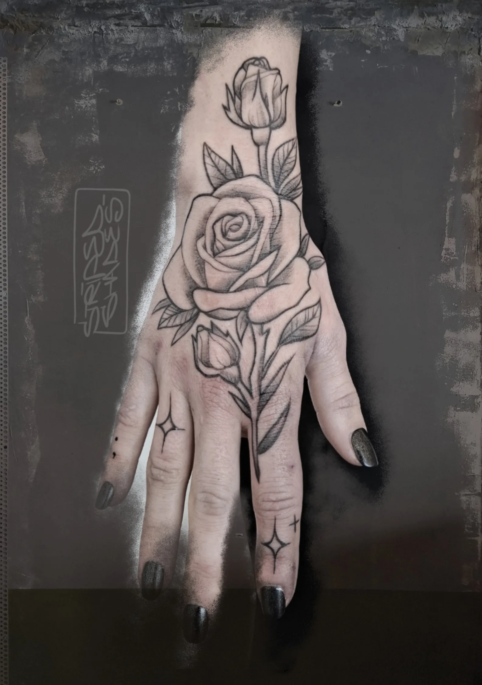 Black and Grey Rose with Buds and Leaf Detail, by striped_shades