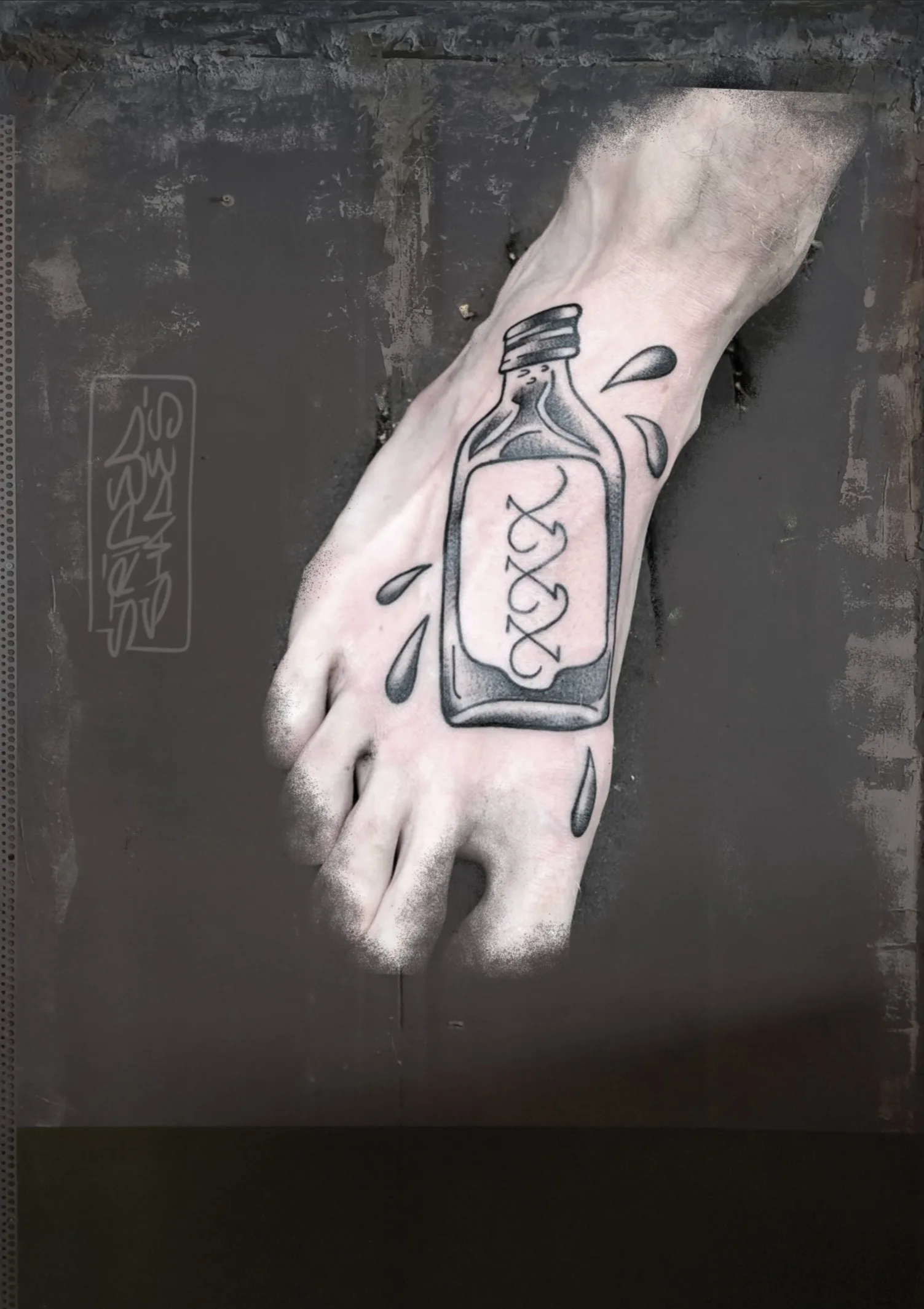 XXX Bottle Tattoo With Teardrops in Black and Grey, by striped_shades
