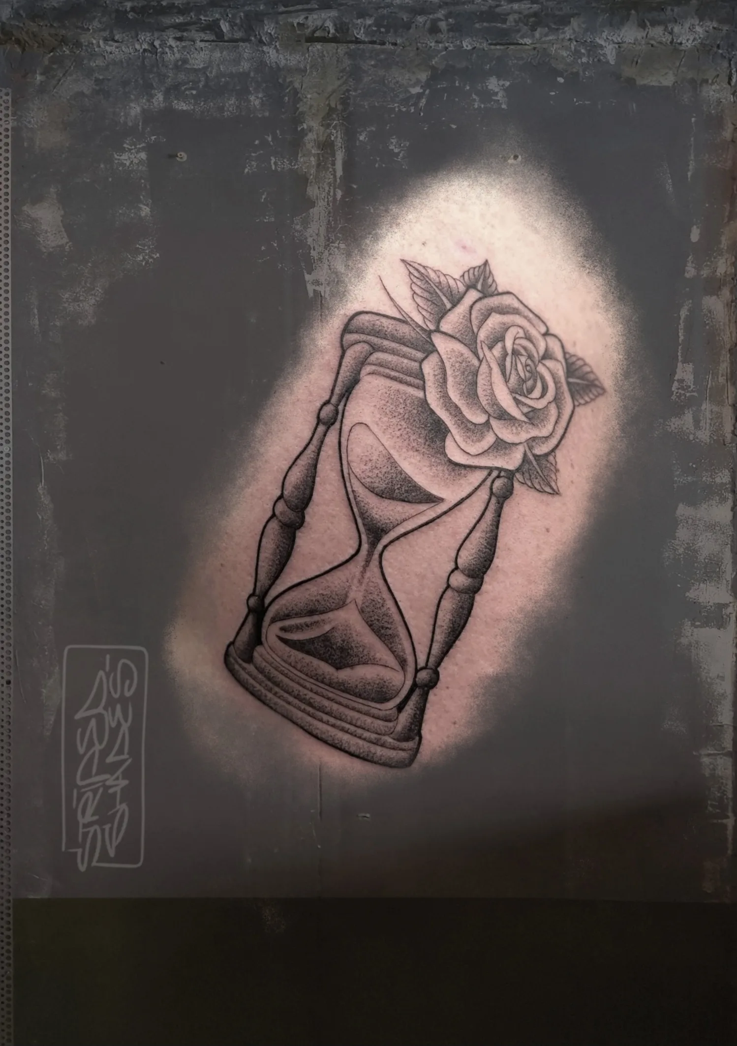Hourglass with Rose Tattoo in Black and Grey, by striped_shades