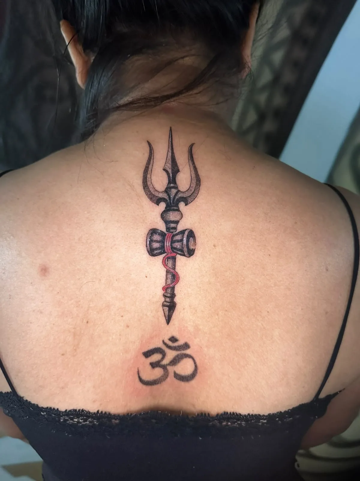 Trishul and Om Tattoo in Black & Grey With Red Accent, by TattooBas1