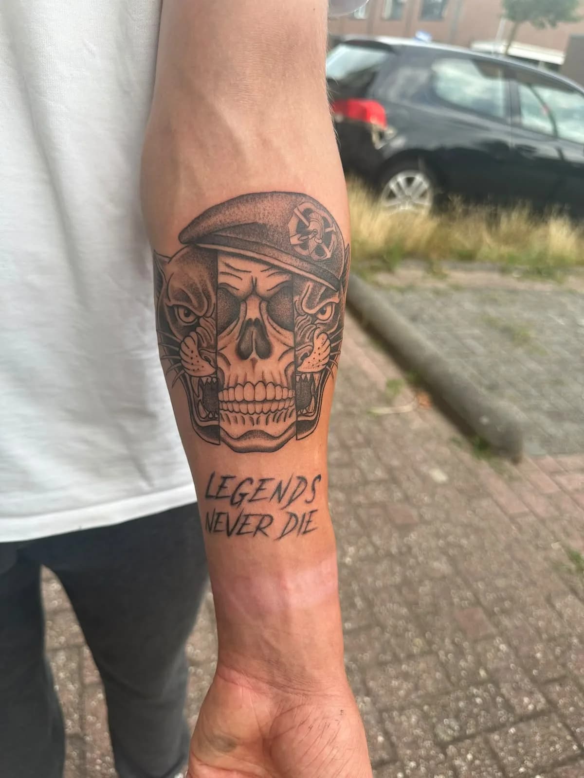 Skull and Big Cat Duo with Legends Never Die Lettering, by TattooBas1
