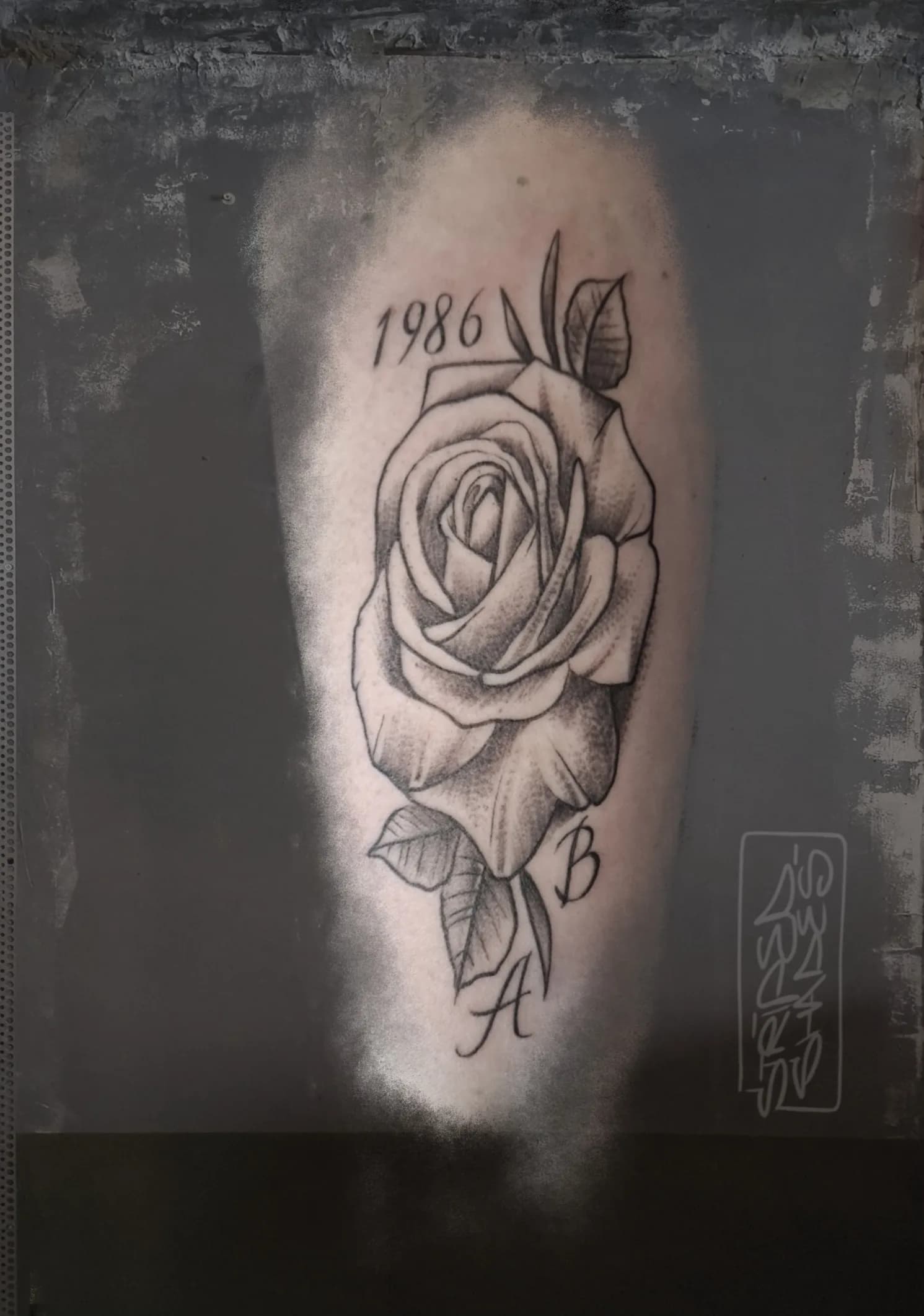 Black and Grey Rose with 1986 and Initials, by striped_shades