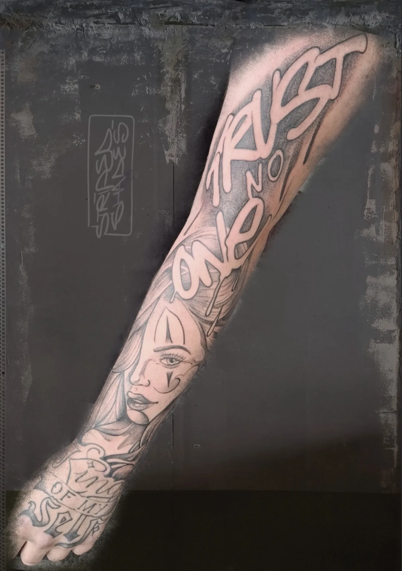 Graffiti Lettering and Woman Portrait Tattoo, by striped_shades
