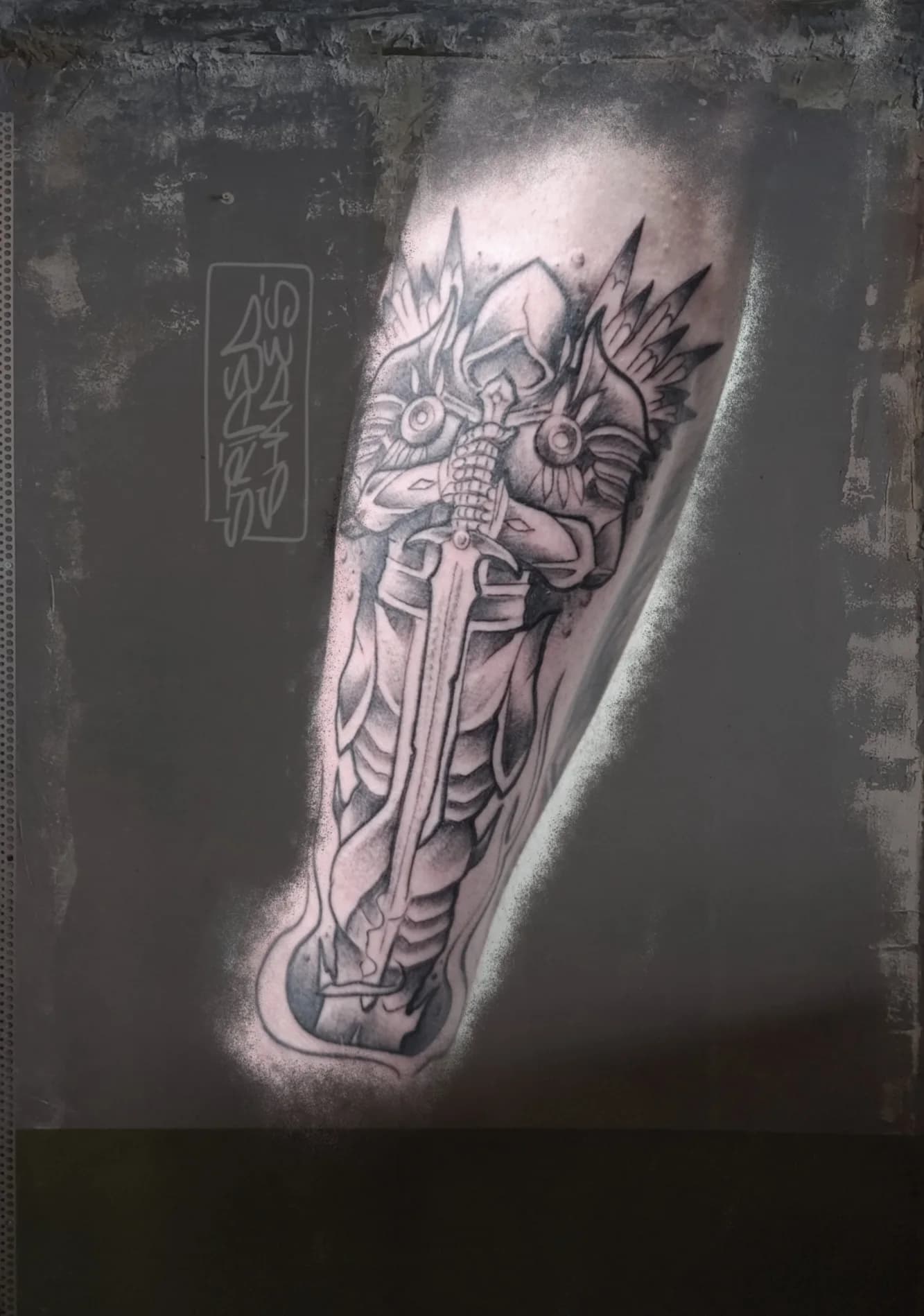 Winged Helmet and Sword Black and Grey Tattoo, by striped_shades