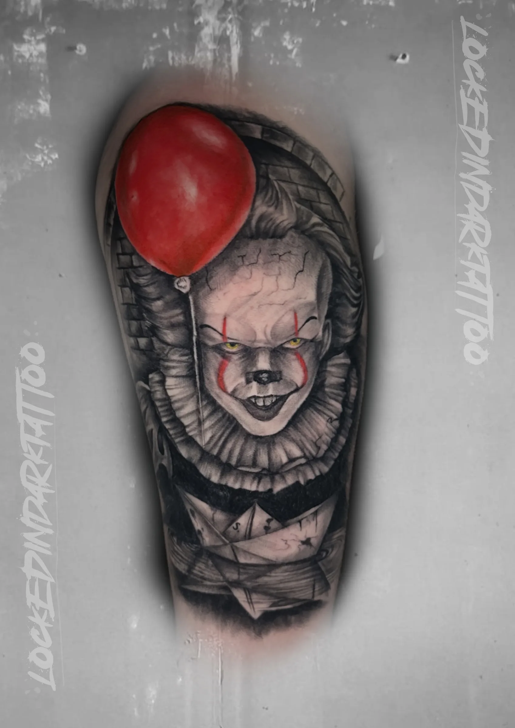 Pennywise Clown Portrait With Red Balloon, by lockedindarktattoo