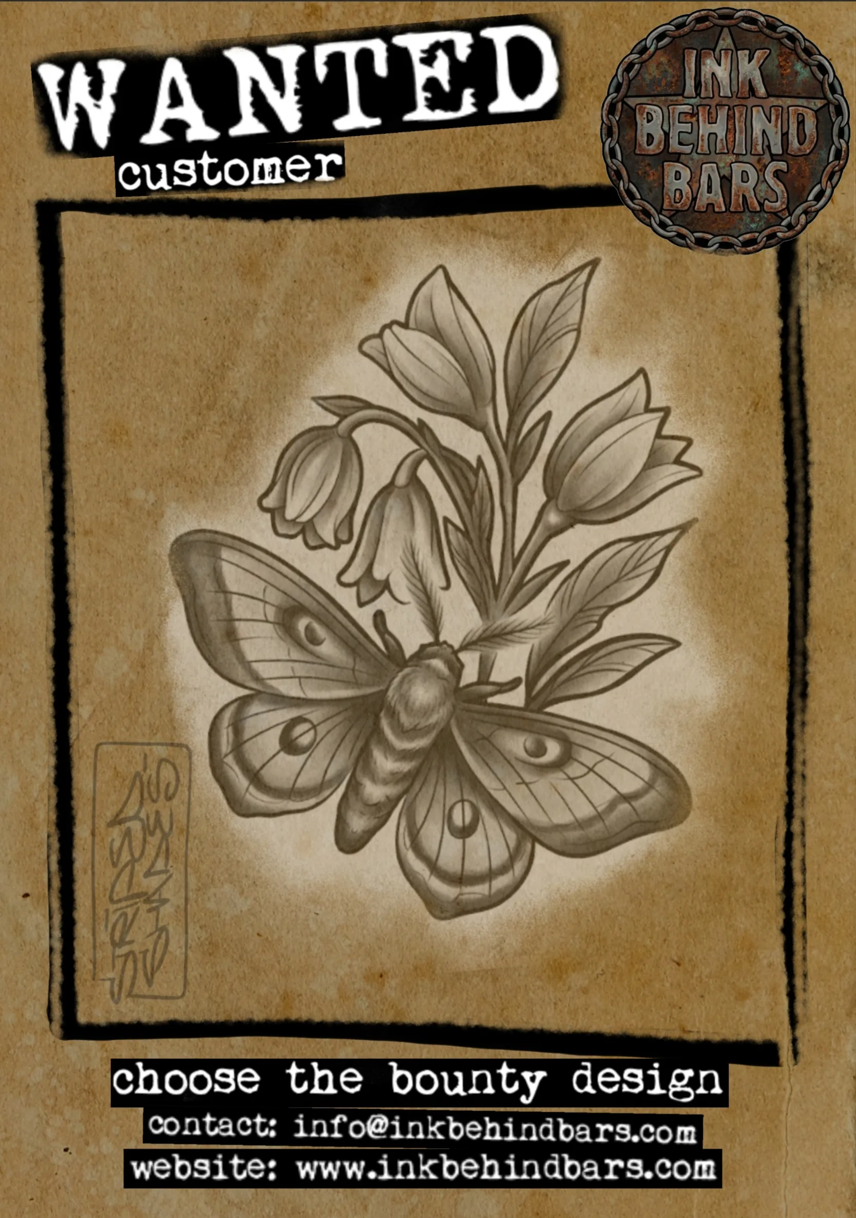 Moth with Flowering Branch Black and Grey, by striped_shades
