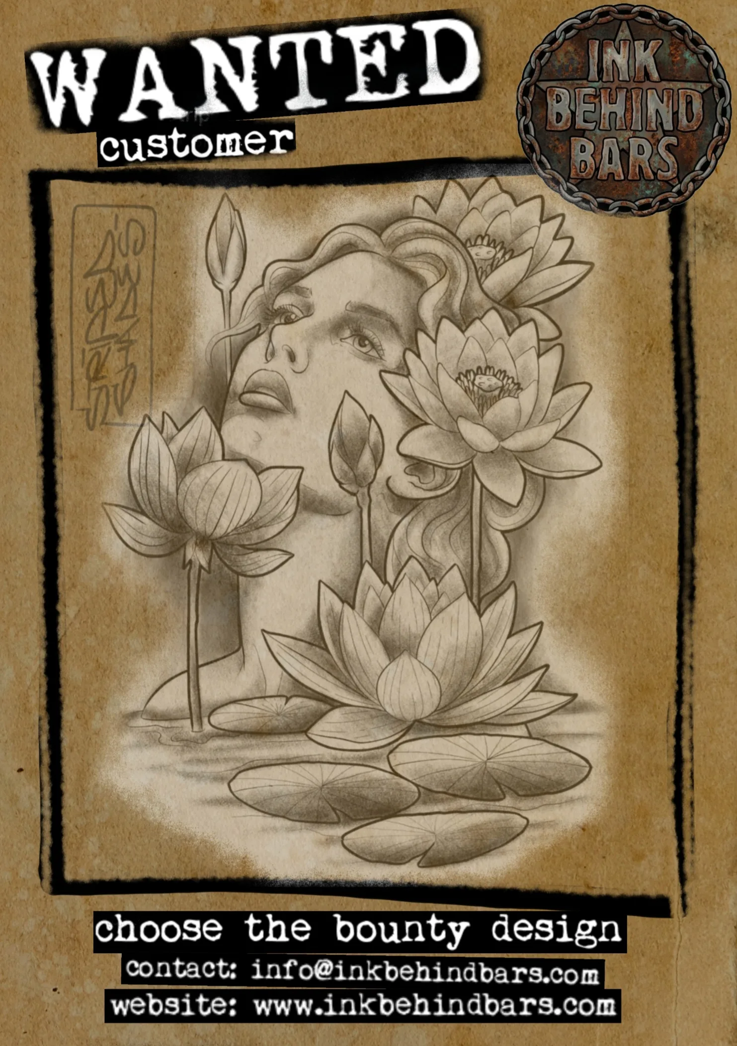 Woman's Face with Lotus Flowers Black and Grey, by striped_shades