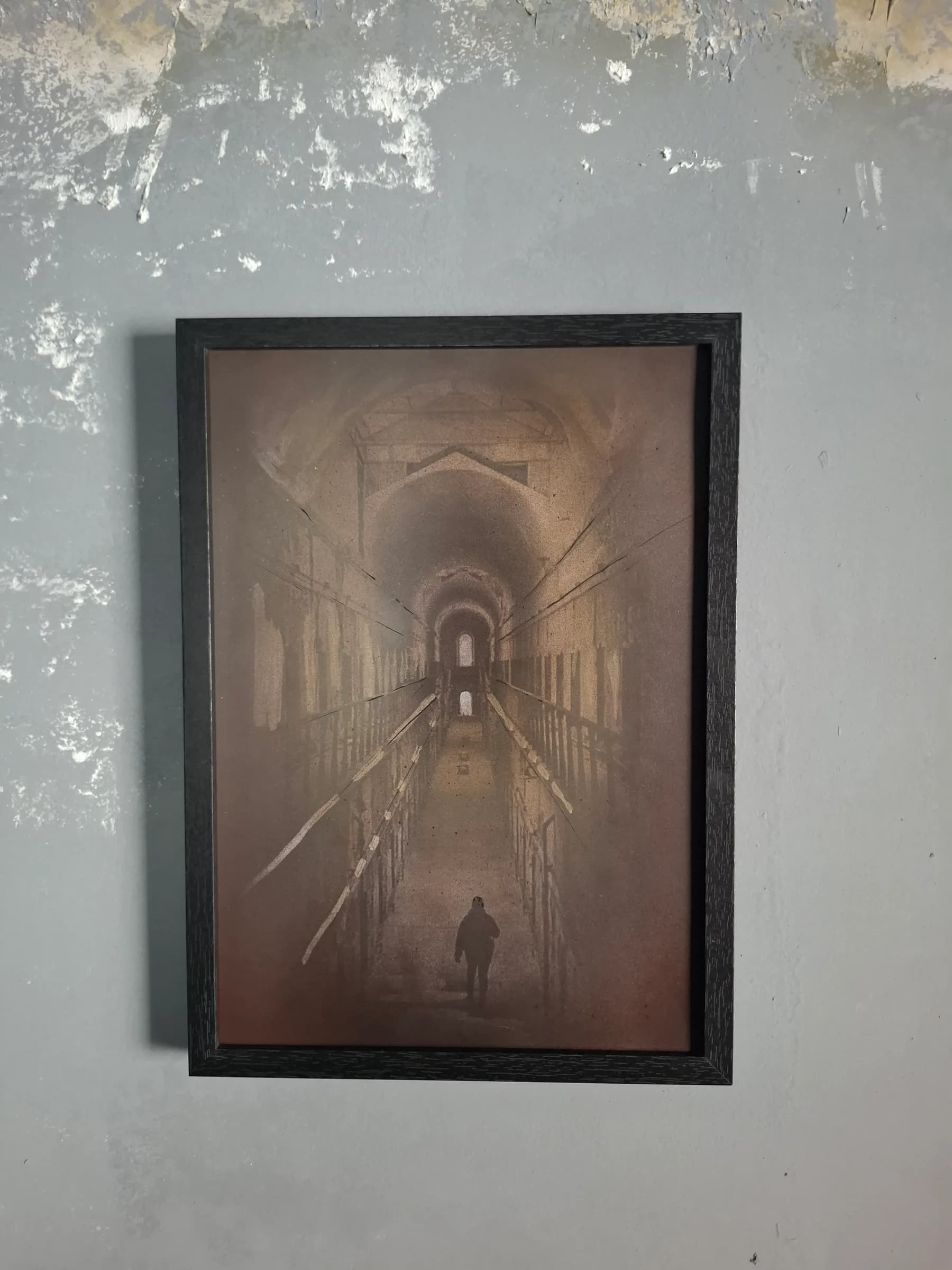 Prison Corridor with Lone Figure, Dark Realism, by striped_shades