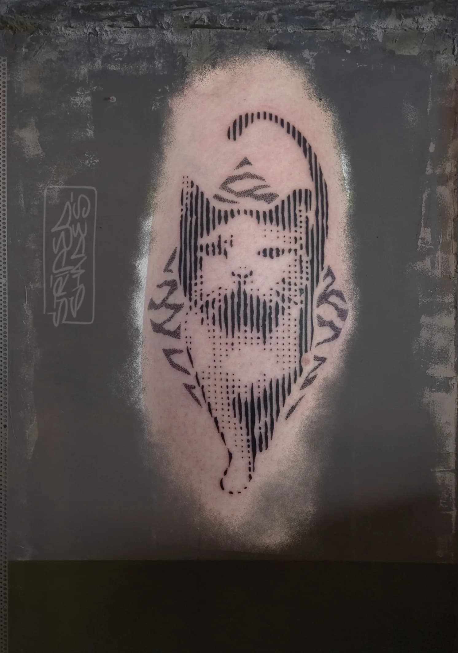 Bearded Face With Crescent in Line and Dot Work, by striped_shades