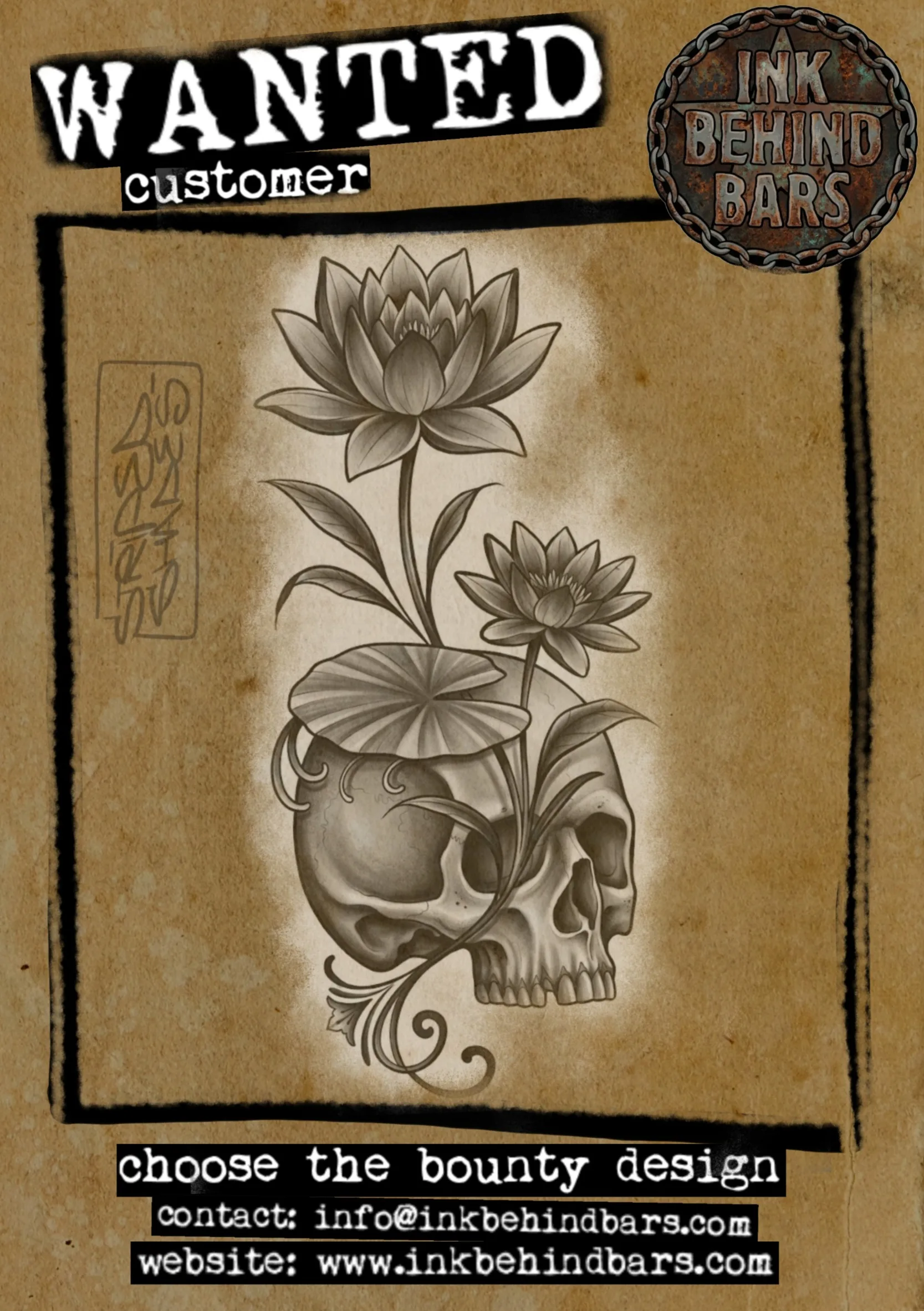 Skull with Lotus Blossoms, Black and Grey, by striped_shades