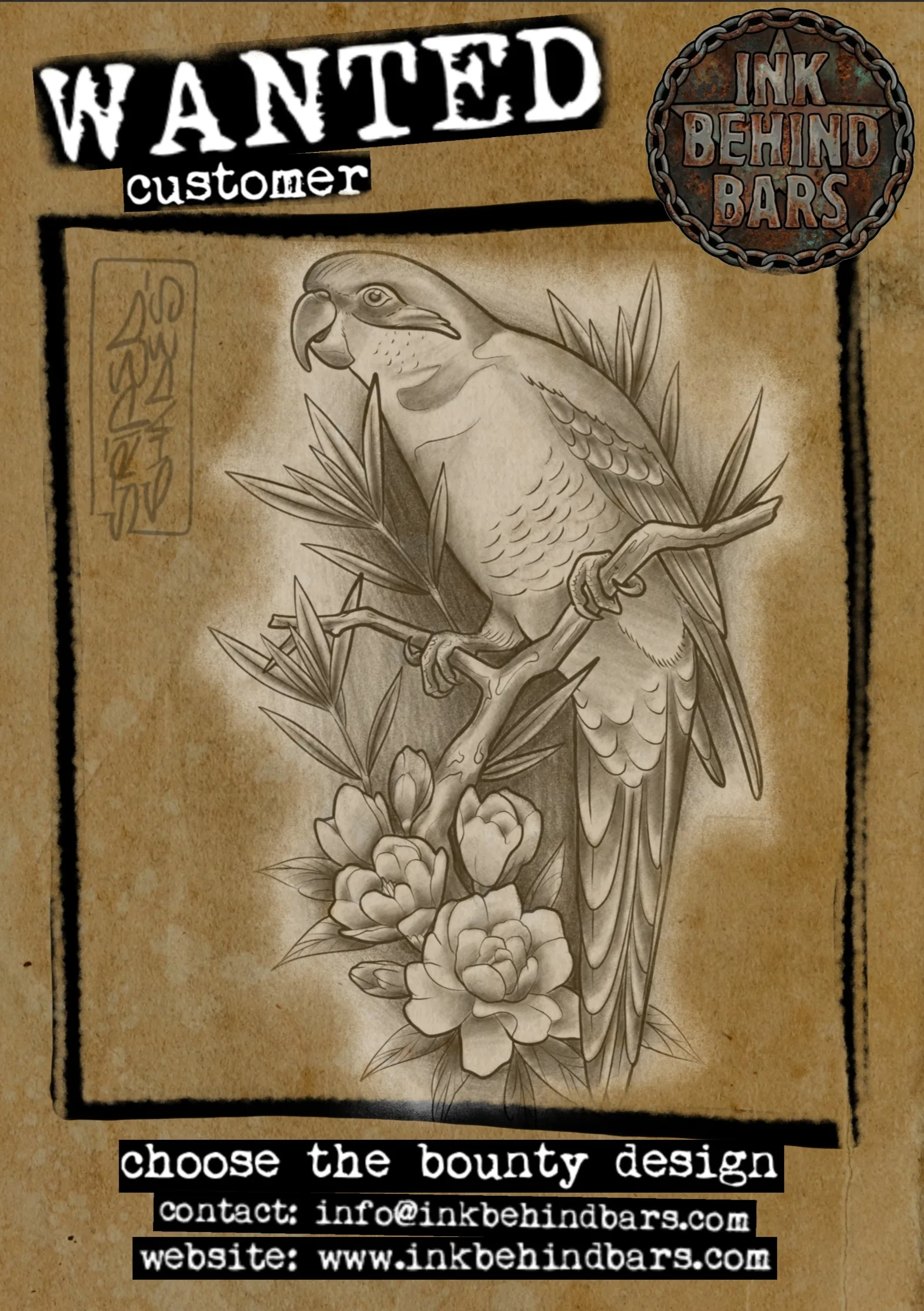 Parrot on Blossom Branch in Black and Grey, by striped_shades