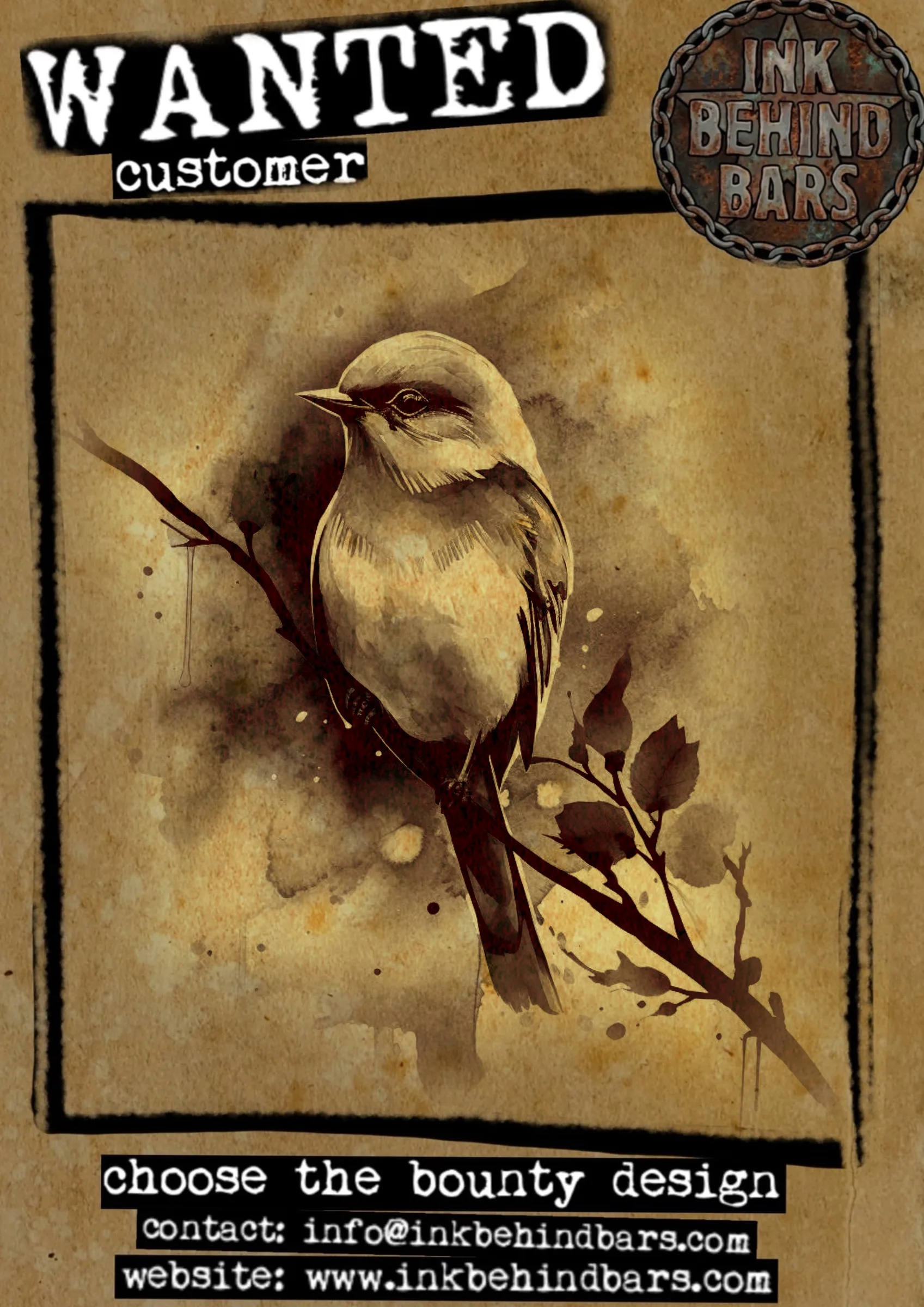 Watercolour Bird on Branch, by lockedindarktattoo
