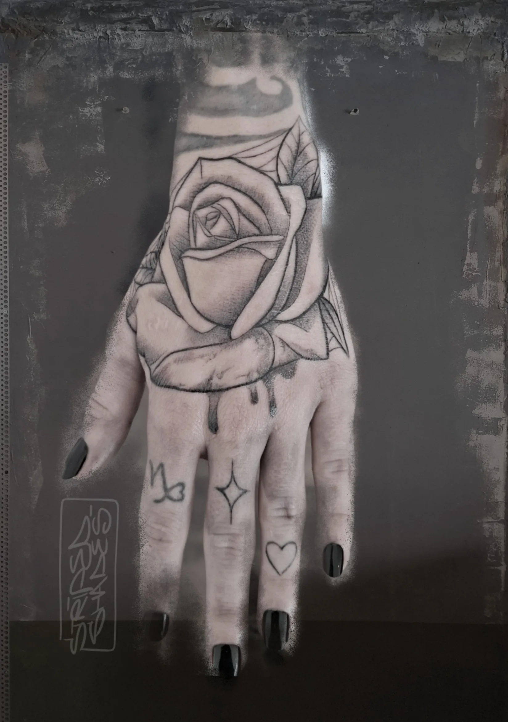 Black and Grey Rose Hand Tattoo with Drip Detail, by striped_shades