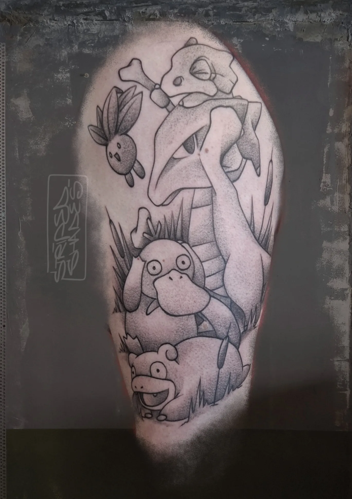 Stacked Cartoon Creature Black and Grey Tattoo, by striped_shades