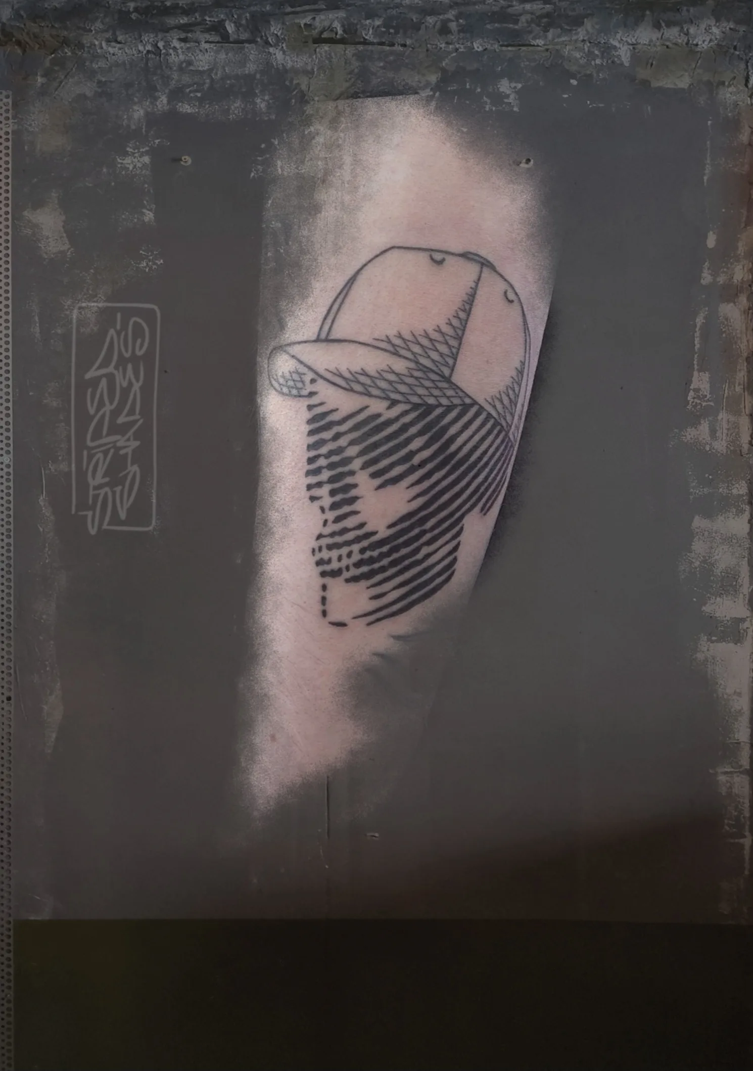 Baseball cap over hatched beard linework tattoo, by striped_shades