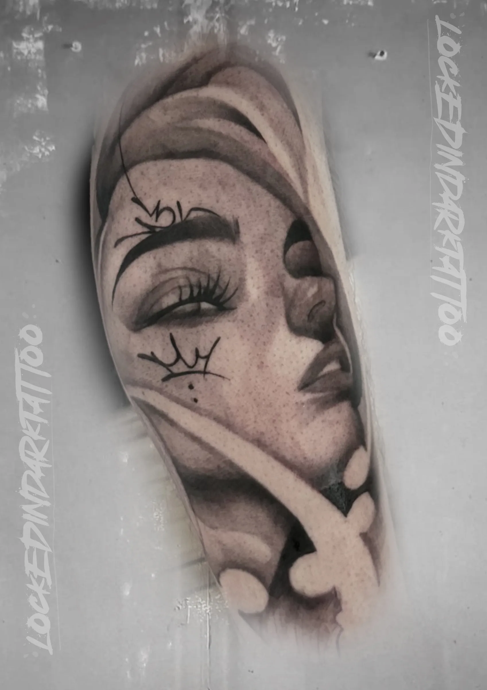Black and Grey Female Portrait with Script, by lockedindarktattoo