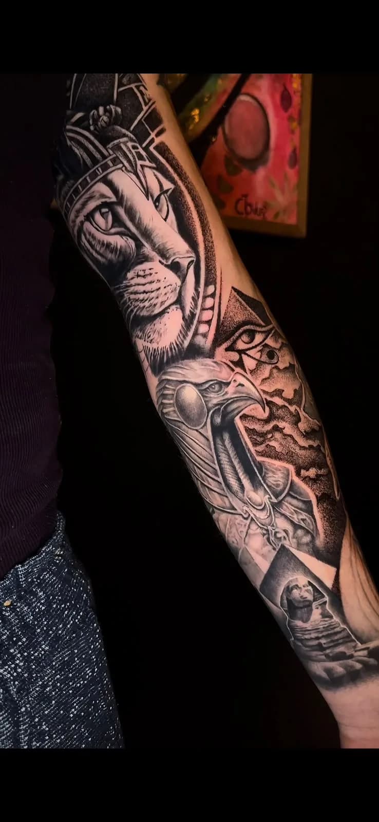 Egyptian Gods Black and Grey Tattoo Sleeve, by TattooBas1