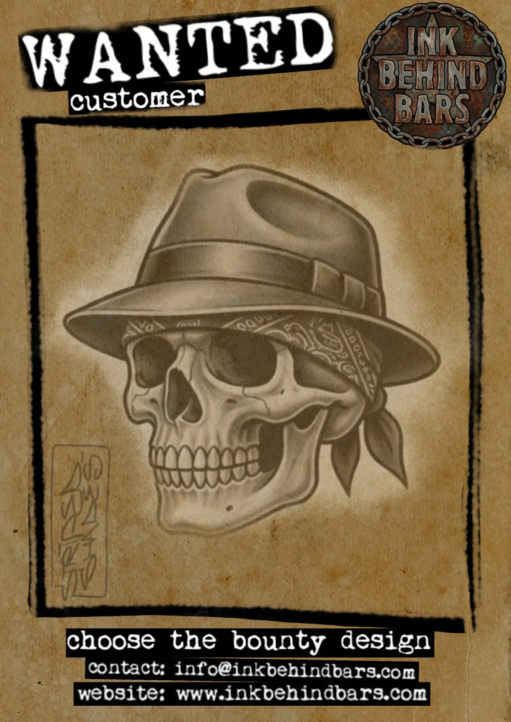 Skull with Fedora and Bandana, Black & Grey, by striped_shades