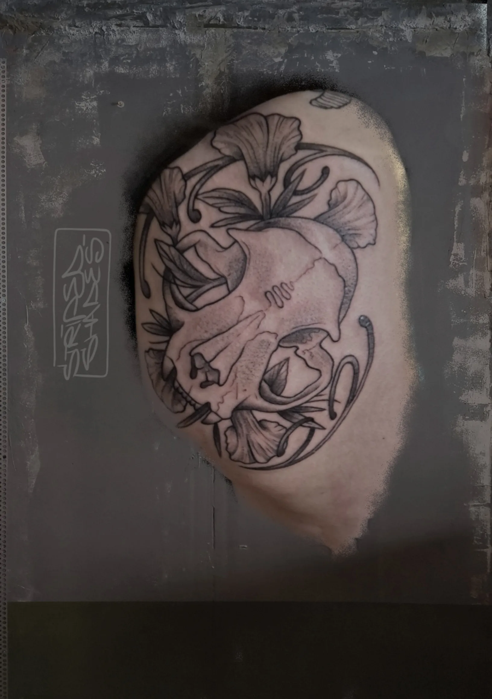 Skull with Ginkgo Flowers Black and Grey Tattoo, by striped_shades