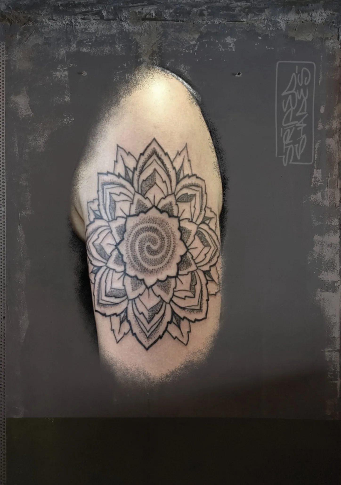 Mandala Tattoo in Black and Grey Dot Work, by striped_shades