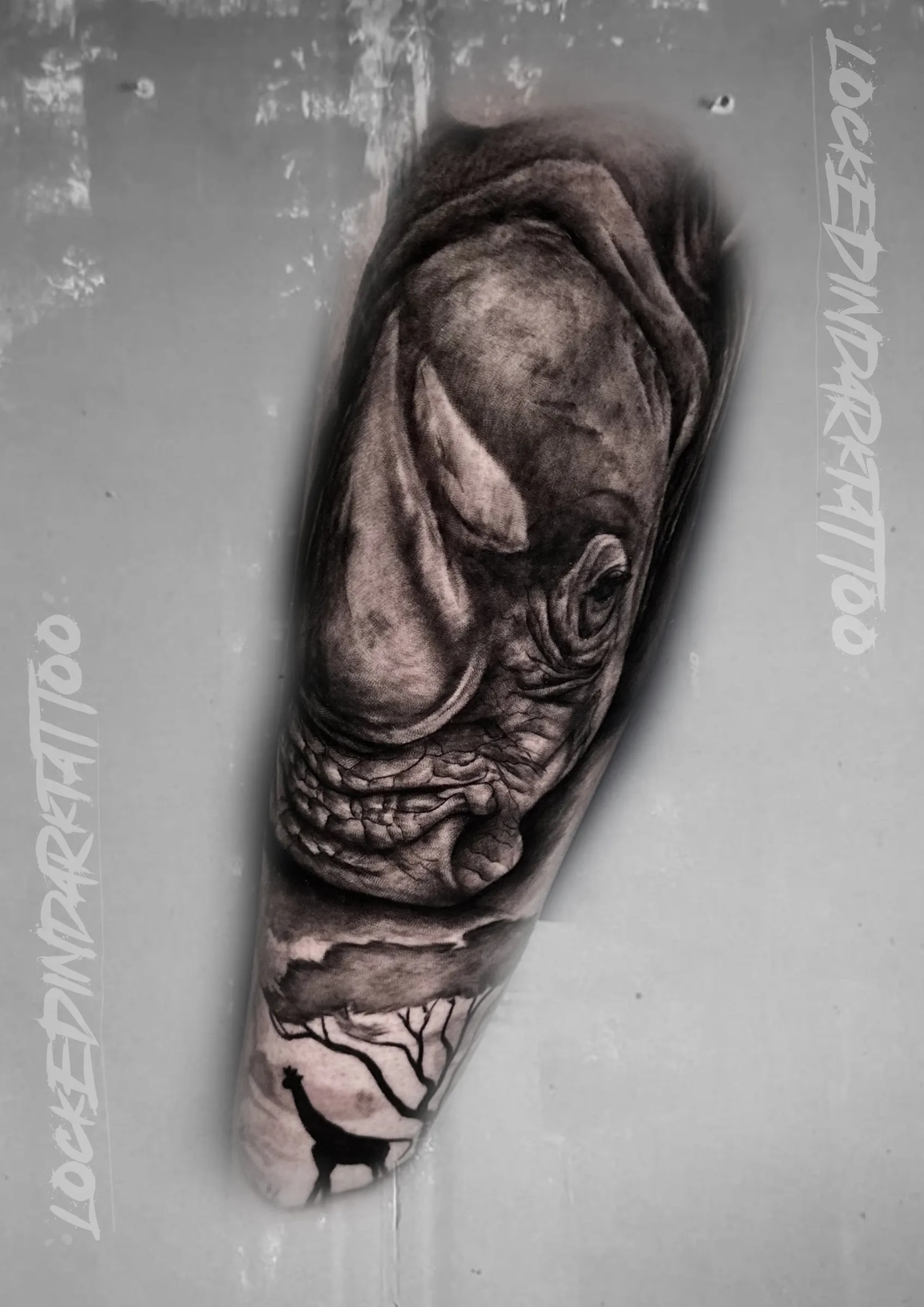Black and Grey Rhino Head with Savanna Silhouette, by lockedindarktattoo
