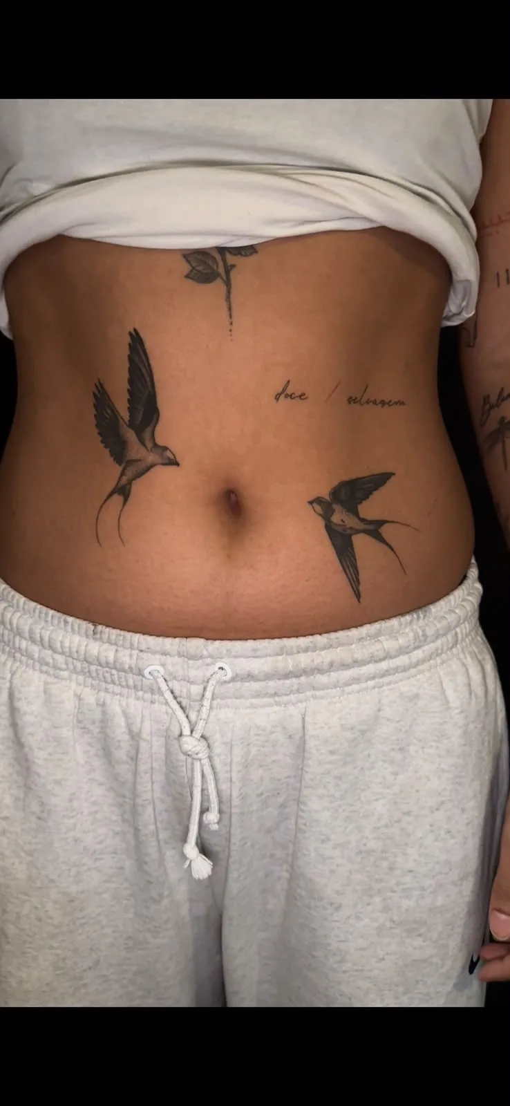 Two Swallows and Script Stomach Tattoo, by TattooBas1